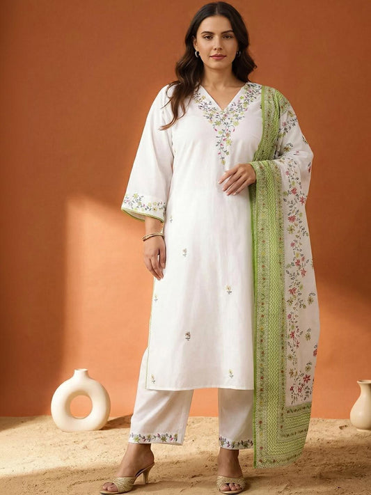 Dhiyona Women's Floral Embroidered Regular Thread Work Pure Cotton Kurta with Trousers & With Dupatta
