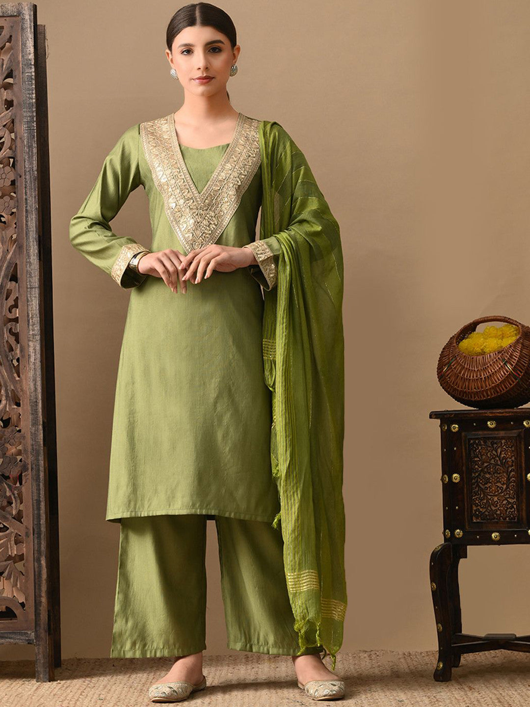 Embroidered Round Neck Long Sleeves Straight Kurta & Trousers With Dupatta