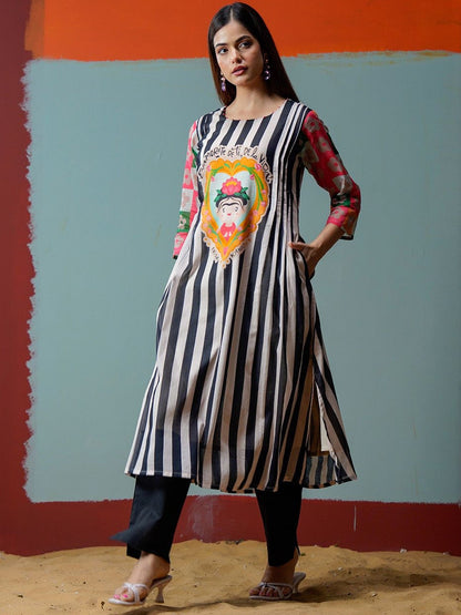 Striped Round Neck Kurta & Trousers