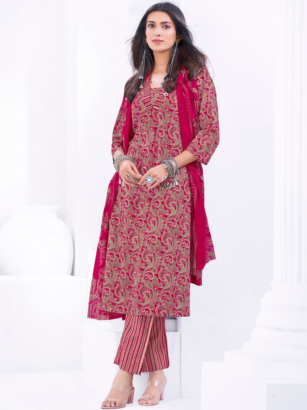 Printed Pure Cotton V-Neck Kurta & Trousers With Dupatta