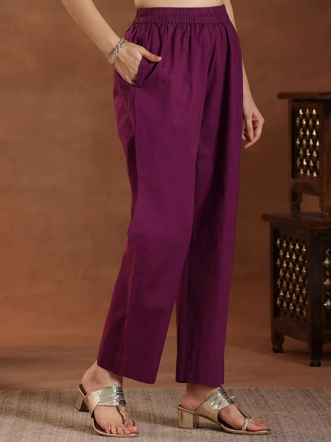 Women's LB Wine Embroidered Cotton Straight Suit With Dupatta