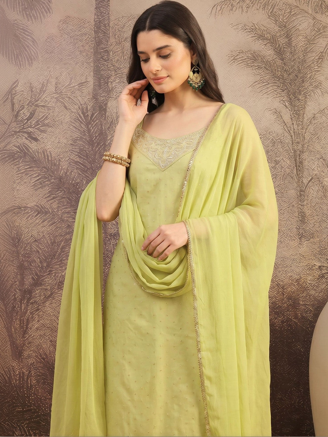 Embroidered Silk Blend Round Neck Kurta & Pyjamas With Dupatta