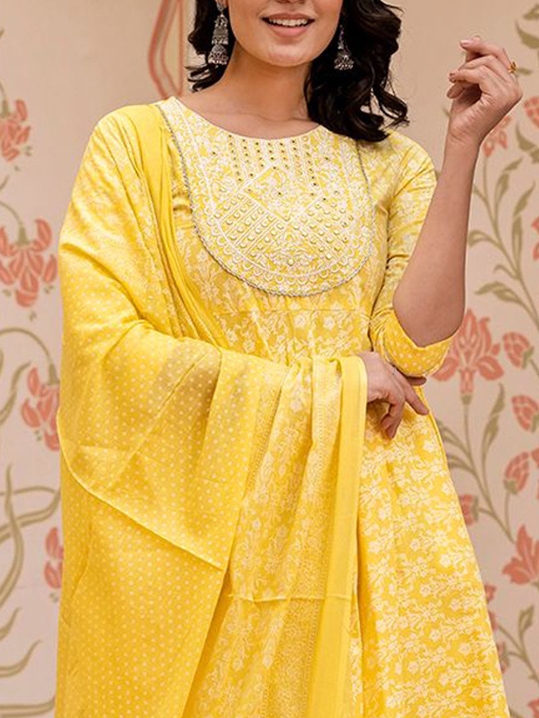 Dhiyona KL Floral Printed Mirror Work Anarkali Pure Cotton Kurta With Trousers & Dupatta