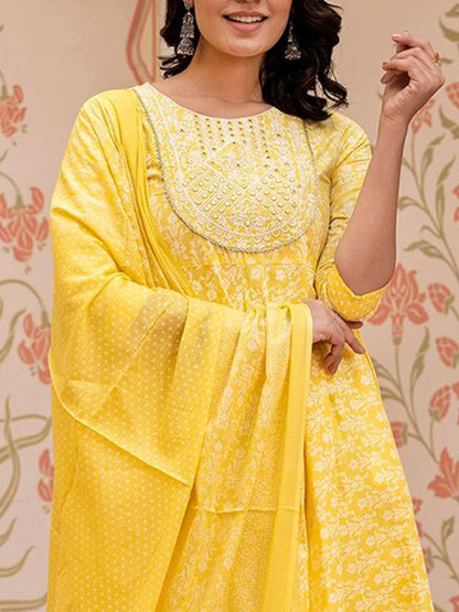 Dhiyona KL Floral Printed Mirror Work Anarkali Pure Cotton Kurta With Trousers & Dupatta