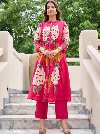 Dhiyona IE Floral Printed Pure Cotton Mandarin Collared Tunic With Trousers