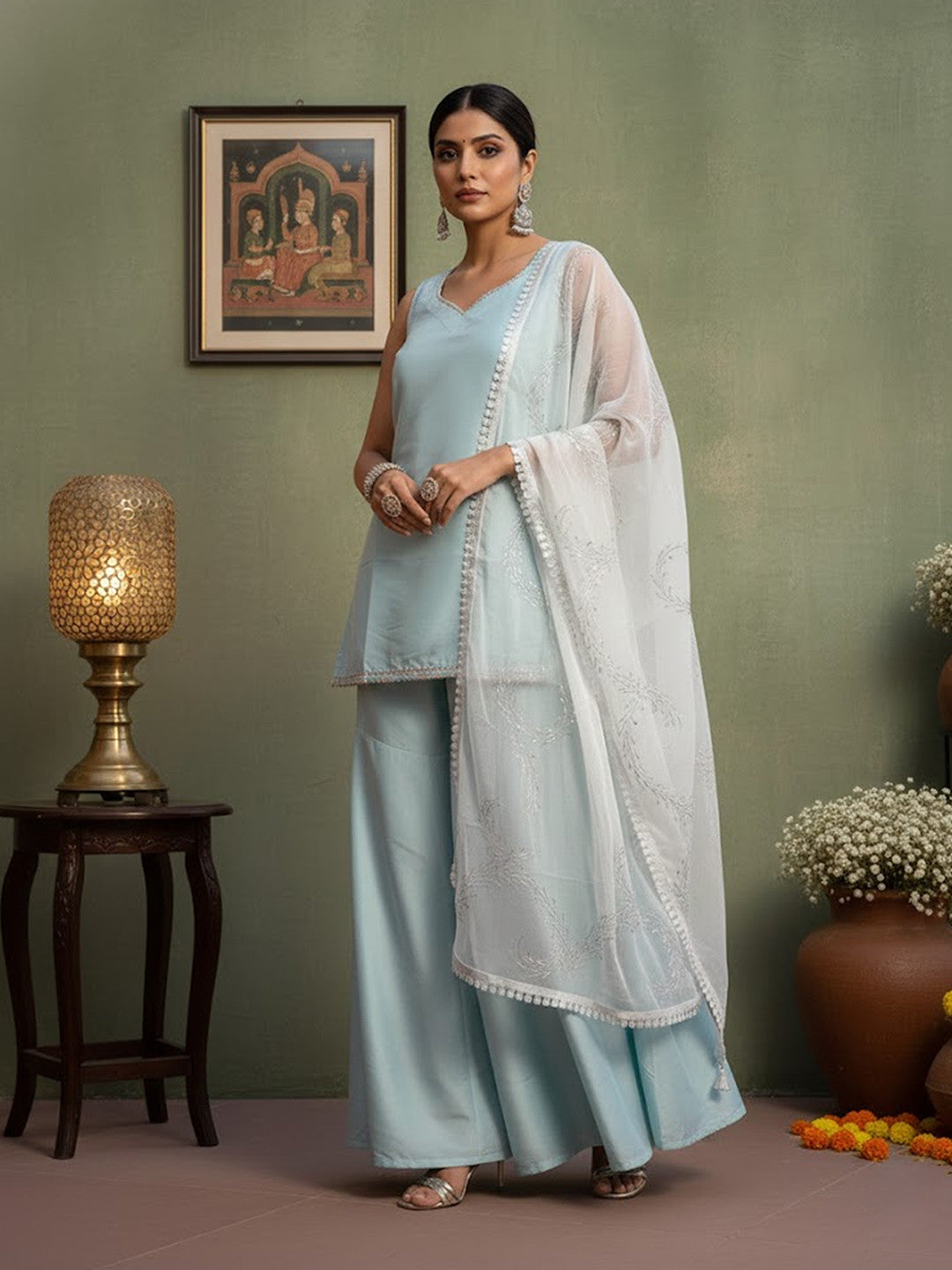 Silk Blend Solid Kurta with Sharara & Duppatta