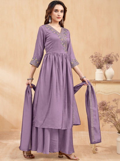 Embroidered V-Neck Kurta Trousers & Dupatta
