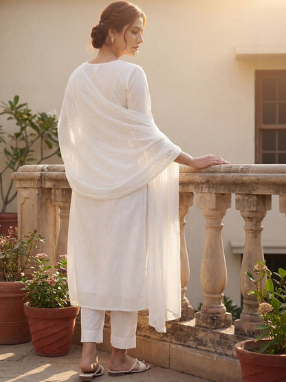 Women Ethnic Motifs Embroidered Regular Chikankari Pure Cotton Kurta with Trousers & With Dupatta