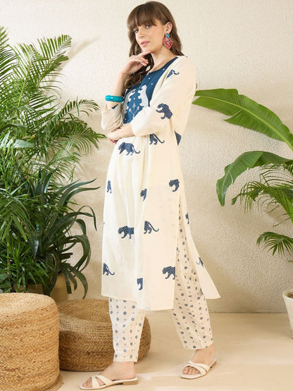 Dhiyona IE Embroidered Round Neck Three-Quarter Sleeves Pure Cotton Tunic And Trousers