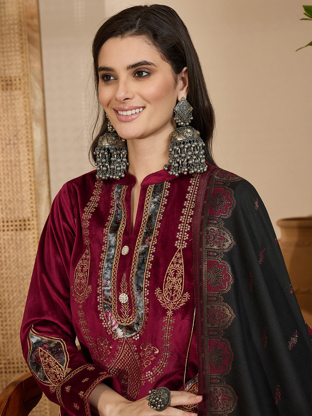 Embroidered Velvet Mandarin Collar Kurta With Trousers & Dupatta