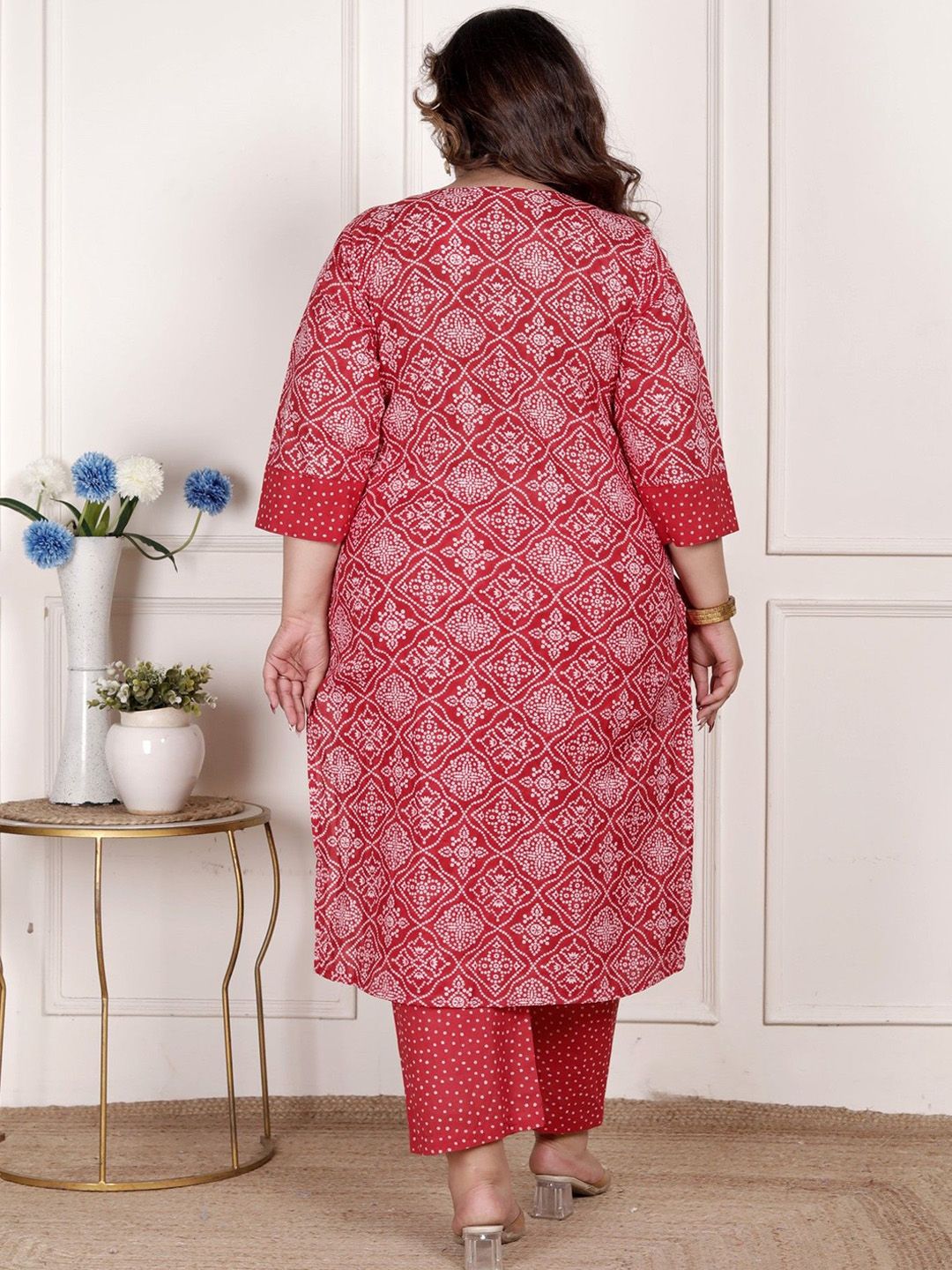 Dhiyona KL Bandhani Print Beads & Stones Pure Cotton Plus Size Kurta with Trousers & Dupatta