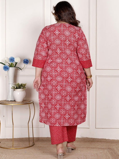 Dhiyona KL Bandhani Print Beads & Stones Pure Cotton Plus Size Kurta with Trousers & Dupatta