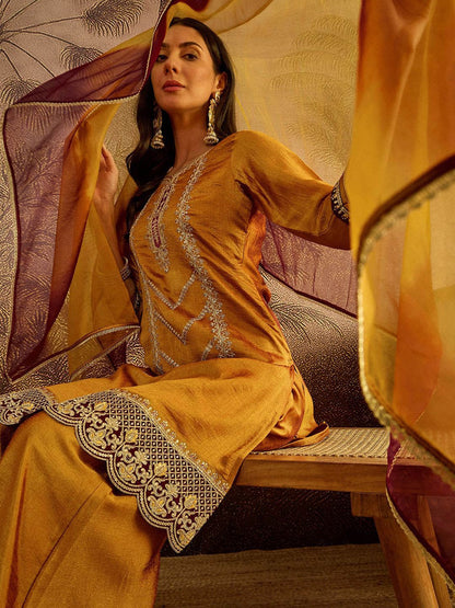 Dhiyona SN Embroidered Zari Sequence Thread Work Straight Kurta With Palazzos & Dupatta