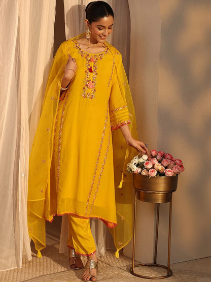 Women Ethnic Motifs Embroidered Regular Chanderi Cotton Kurta with Trousers & With Dupatta