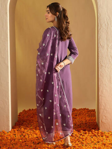 Women's Purple Embroidered Straight Kurta Trousers With Dupatta Set