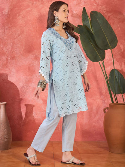 Dhiyona SN Women's Floral Schiffli Embroidered Thread Work Pure Cotton Straight Kurta With Trousers