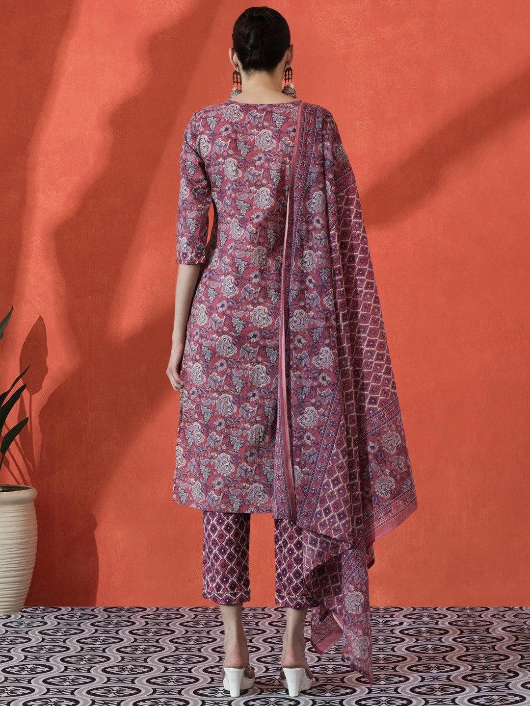 Floral Embroidered Straight Pure Cotton Kurta With Trousers & Dupatta