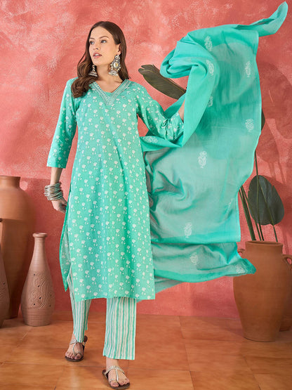 Floral Printed V-Neck Mirror Work Pure Cotton Straight Kurta & Trouser & Dupatta