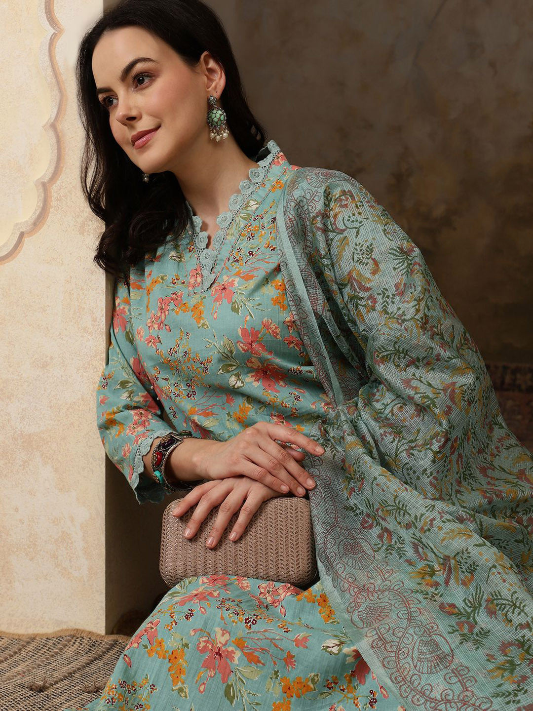 Floral Printed Pure Cotton Straght Kurta & Trouser With Dupatta