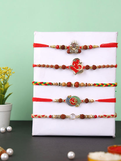 Dhiyona Set Of 5 Rudraksh & Swastik Beaded Thread Rakhi With Roli Chawal & Greetings Card