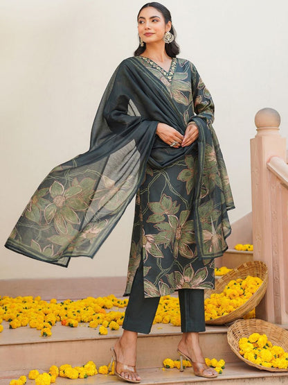 Dhiyona KL Floral Printed V-Neck Straight Kurta With Trousers And Dupatta