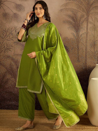 Dhiyona SN Floral Embroidered V-Neck Sequinned Kurta With Palazzos & Dupatta