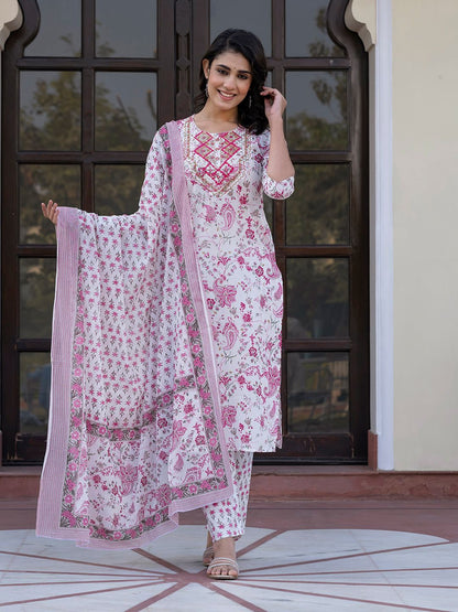 Dhiyona KL Women Paisley Regular Pure Cotton Kurta with Trousers & With Dupatta