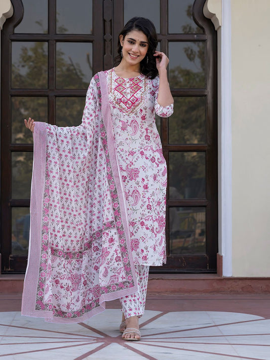 Dhiyona KL Women Paisley Regular Pure Cotton Kurta with Trousers & With Dupatta