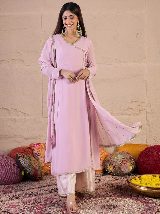 Dhiyona IN V-Neck Angrakha Gotta Patti Georgette A-Line Kurta & Palazzos With Dupatta