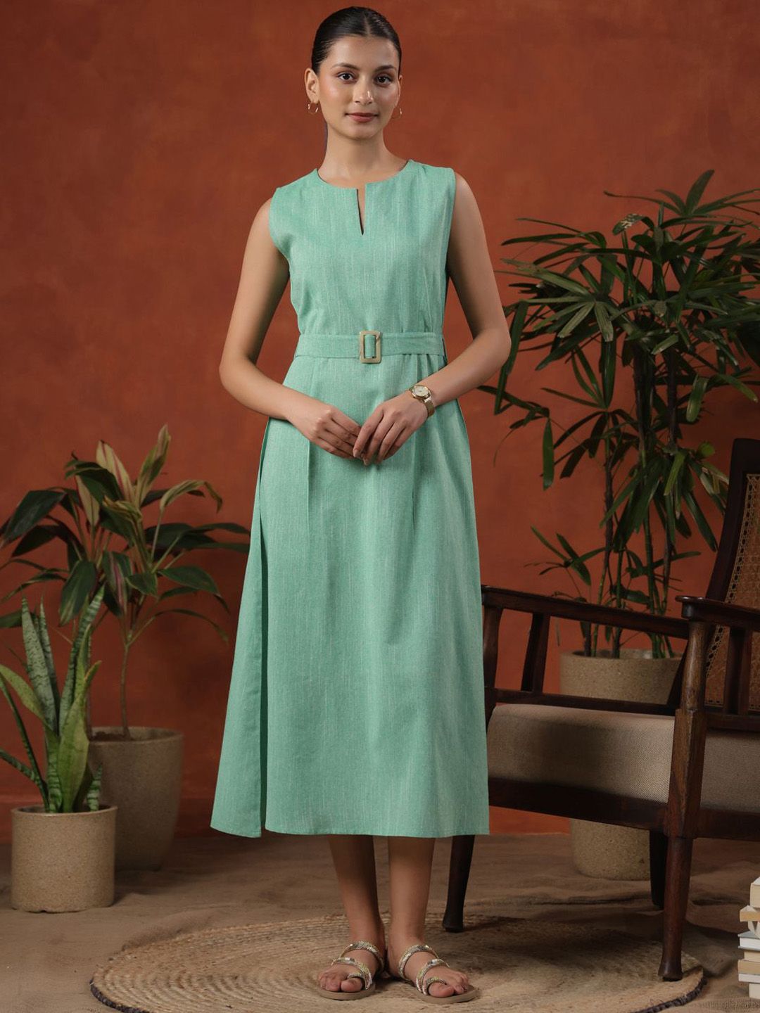 Dhiyona AY Women's Self Design Cotton Sleeveless Cotton Fit & Flare Midi Dress With Belt