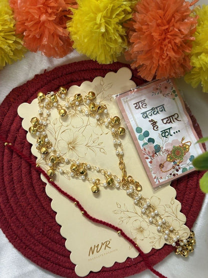 Dhiyona Set Of 2 Pearls Gold Toned Bhaiya Bhabhi Rakhi With Roli Chawal Chandan Mishri