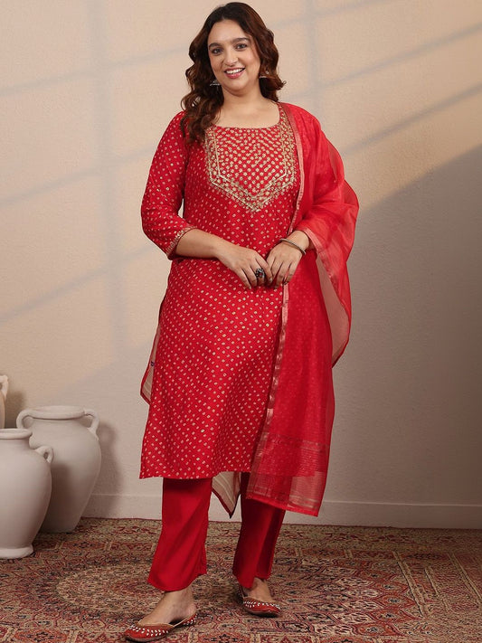 Dhiyona Women's Plus Size Printed Sequinned Straight Kurta With Trousers & Dupatta