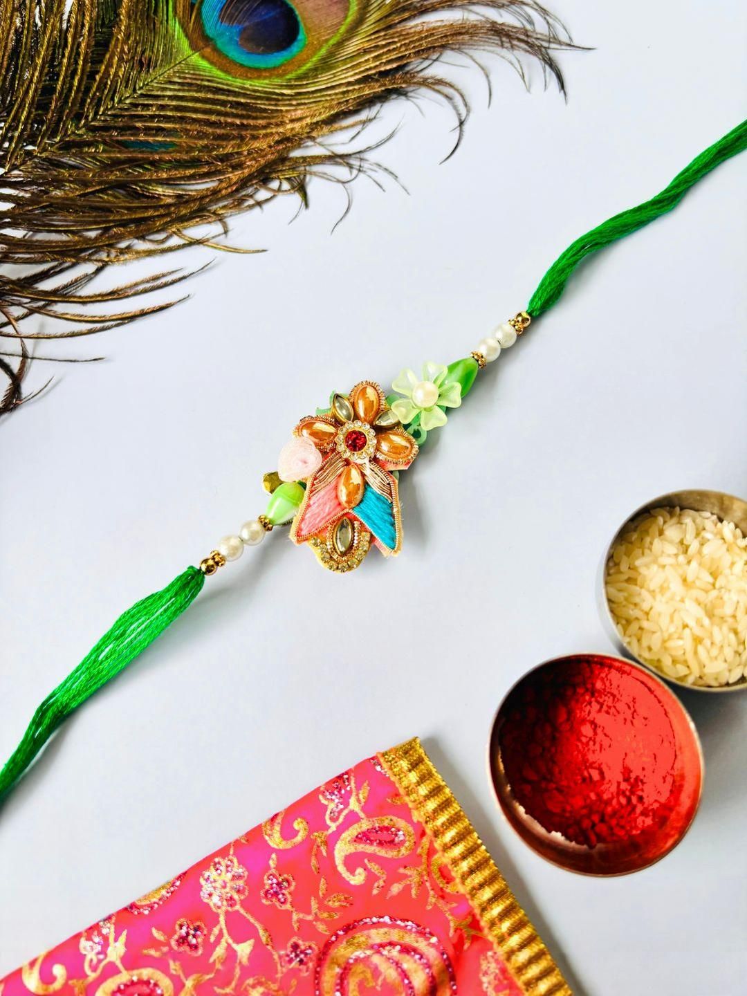 Dhiyona Multi Colored Pack of 2 Floral Traditional Handmade Rakhi Set