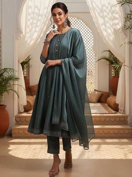 Dhiyona KL Ethnic Motifs Printed Round Neck Gotta Patti Empire Kurta With Trouser & Dupatta