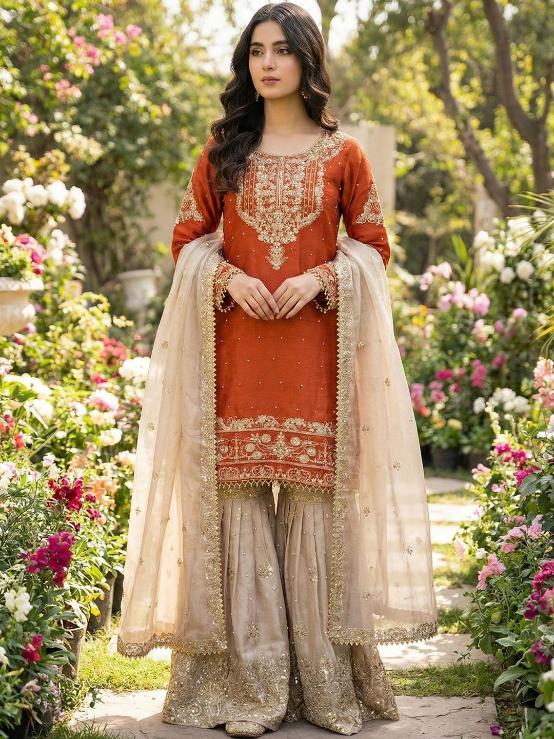 Dhiyona KL Women Ethnic Motifs Embroidered Regular Thread Work Kurta with Sharara & With Dupatta