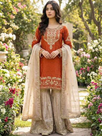 Dhiyona KL Women Ethnic Motifs Embroidered Regular Thread Work Kurta with Sharara & With Dupatta
