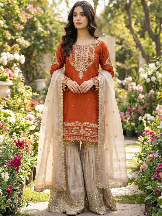 Dhiyona KL Women Ethnic Motifs Embroidered Regular Thread Work Kurta with Sharara & With Dupatta
