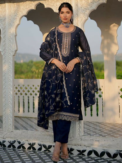 Women's LB Blue Embroidered Silk Blend Straight Suit With Dupatta