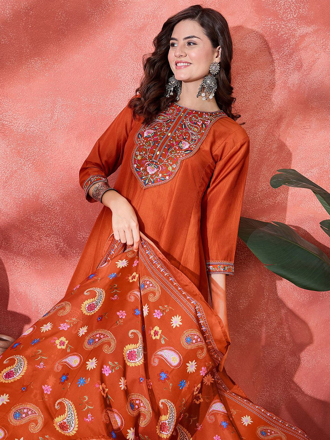 Floral Yoke Design Panelled Thread Work Anarkali Kurta With Trouser & Dupatta