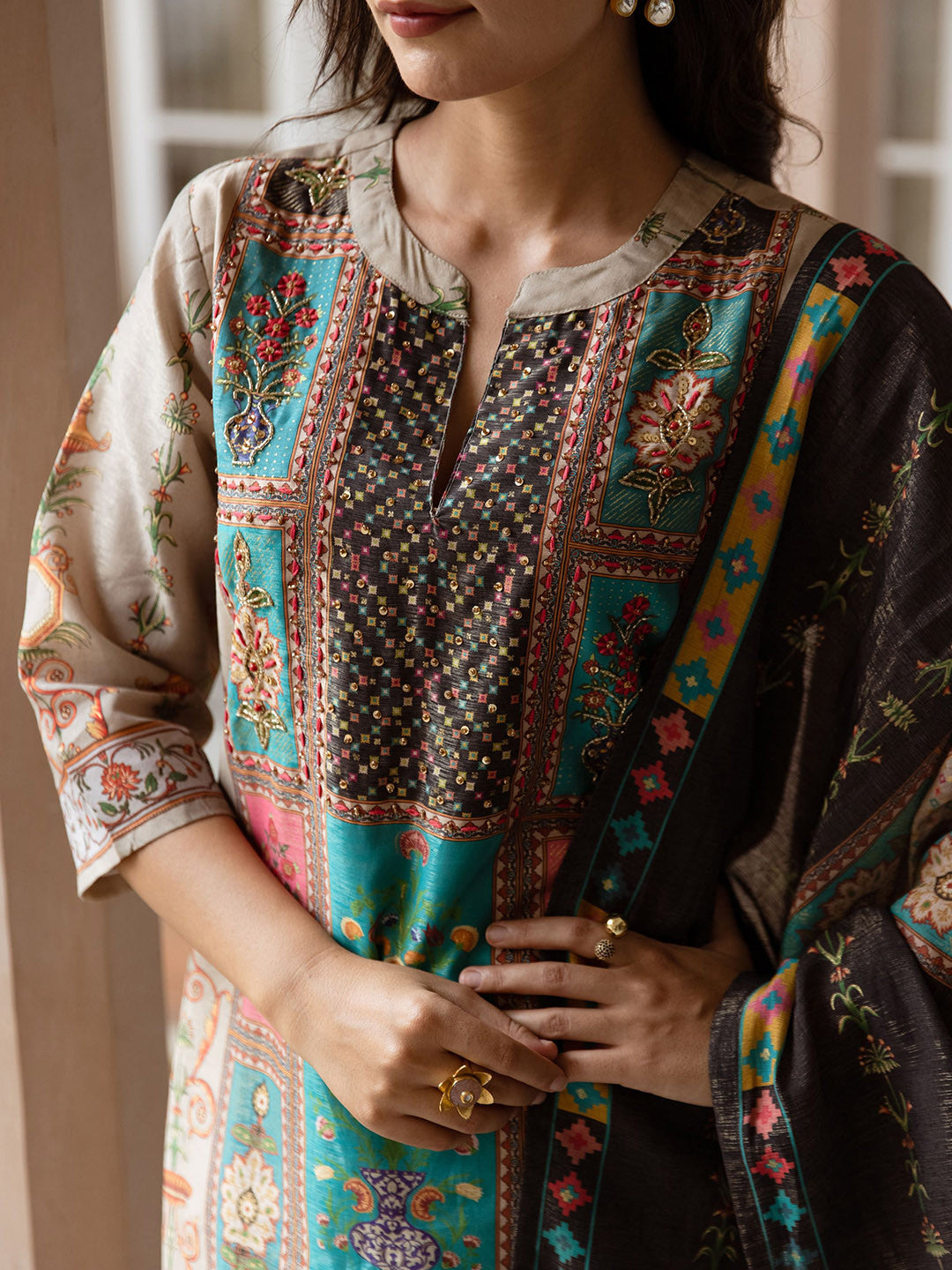 Ethnic Motifs Printed Mandarin Collar Modal Tissue Kurta & Trousers With Dupatta