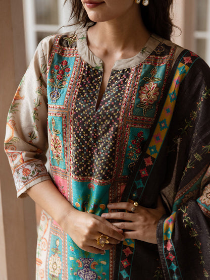 Ethnic Motifs Printed Mandarin Collar Modal Tissue Kurta & Trousers With Dupatta