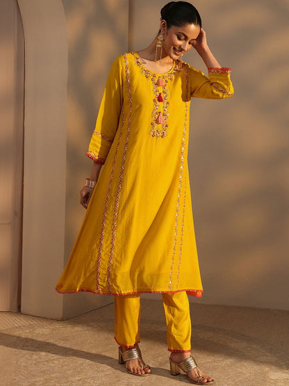 Women Ethnic Motifs Embroidered Regular Chanderi Cotton Kurta with Trousers & With Dupatta