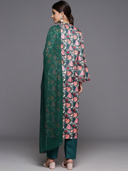 Dhiyona VA Women'sFloral Printed Mandarin Collar Kurta With Trousers & Dupatta