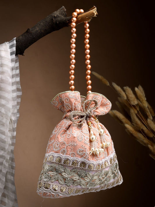 Dhiyona NR Dangle Peach Parfait & Golden Floral Embroidered Faux Silk Potli