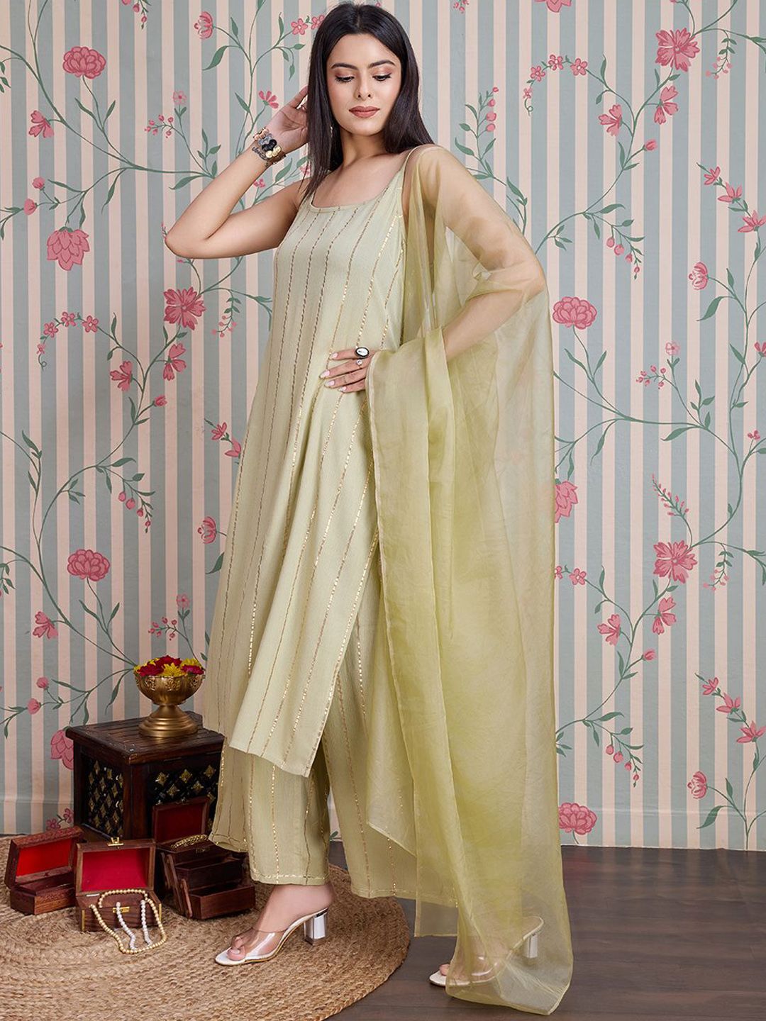 Dhiyona OD  Striped Straight Kurta with Palazzos & With Dupatta