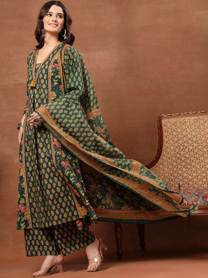 Printed Pure Cotton V-Neck Kurta & Palazzos Kurta Set
