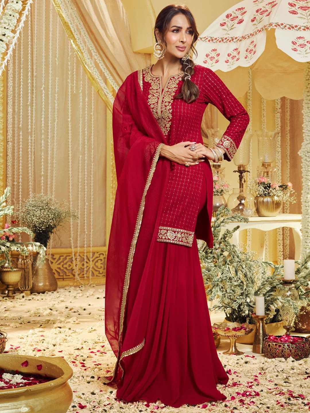 Dhiyona IN Women Ethnic Motifs Embroidered Kurta with Sharara & Dupatta