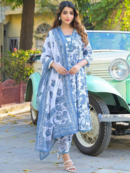 Dhiyona KL Floral Printed V-Neck Anarkali Pure Cotton Kurta With Trousers And Dupatta
