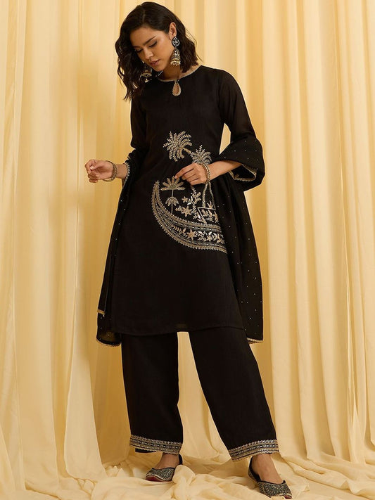 Dhiyona CH Women Ethnic Motifs Embroidered Regular Thread Work Kurta with Palazzos & With Dupatta