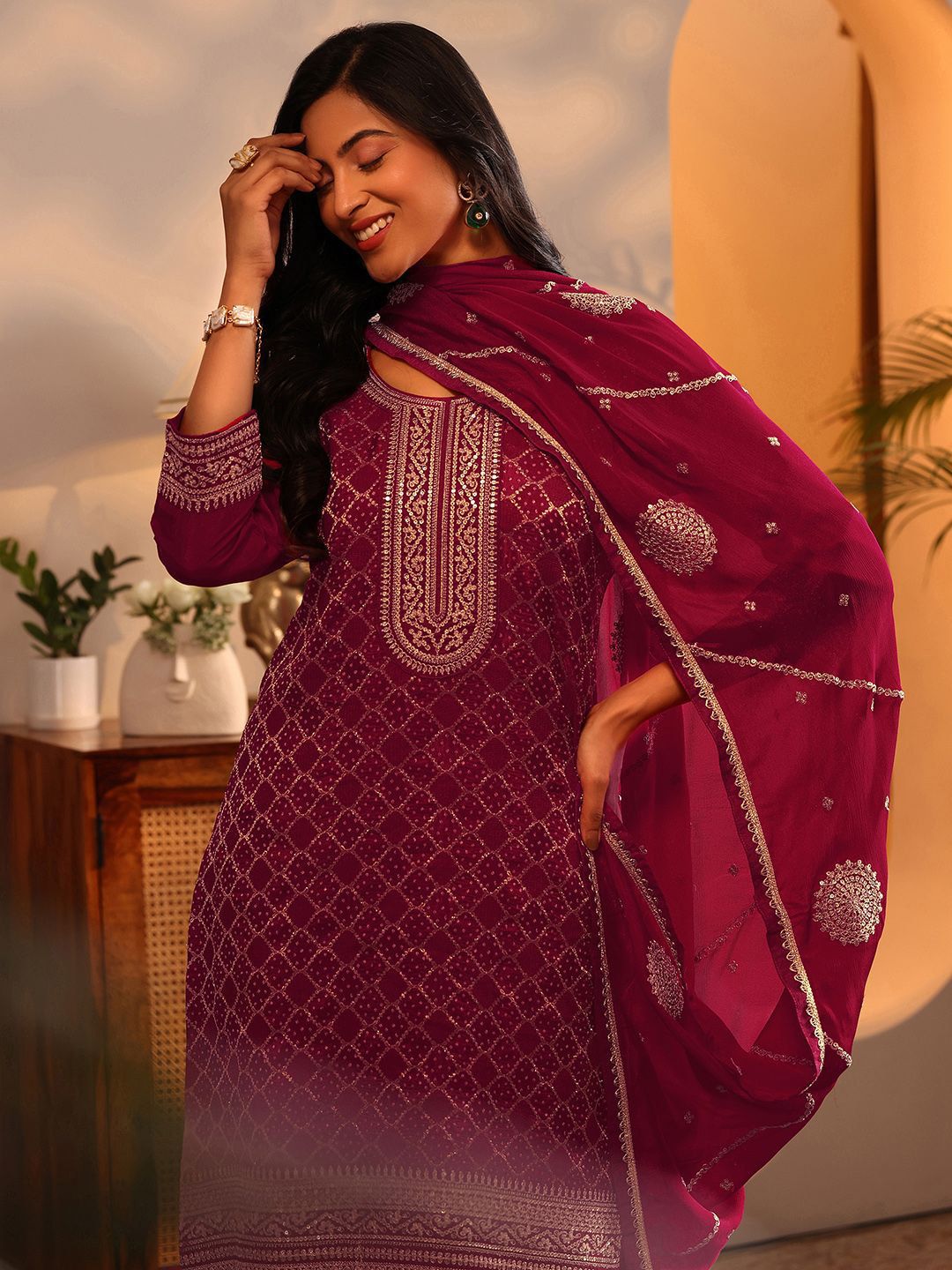 Dhiyona LL Women Embroidered Regular Zari Kurta with Palazzos & With Dupatta